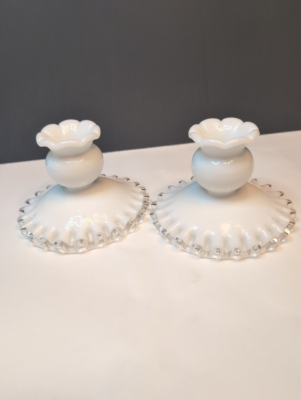 Vintage Fenton Silver Crest Ruffled Milk Glass Candle Stick Holders